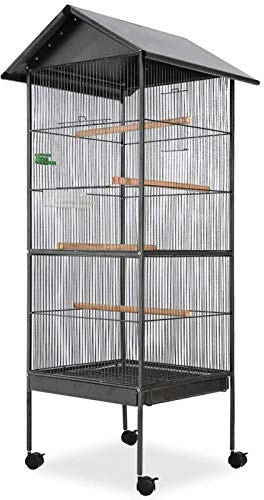 qohoio Vogelkäfig mit Dach, schwarz, 66 x 66 x 155 cm, Stahl, Vogelvoliere aus Holz, für den Außenbereich, für Finken, Kanarienvögel