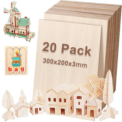 AKOLAFE 20 Stück Sperrholz 3 mm Holzplatte Balsaholz Platten 300x200 mm Sperrholzplatte Lindenholz Natürliche A4 Holzplatten zum Basteln Naturholz für DIY Handwerk, Malen, Schule Projekt, Modell Dekor