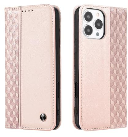 TOHULLE Case for iPhone 16 Pro Max, Premium PU Leather Wallet Case Card Holder Kickstand Built-in Magnetic Closure Flip Folio Phone Cover for iPhone 16 Pro Max - Rose Gold