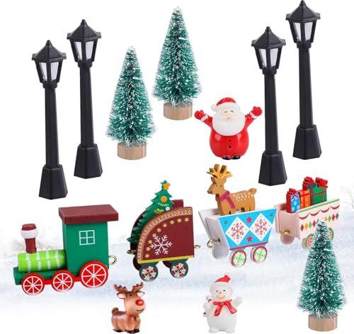 Fleymu Kit Puerta Elfo Navidad - 11 PCS Decoración Con Accesorio de Gnomo, Alce, Tren, Mini Árbol, Farola y Muñeco de Nieve - Adorno Navideño