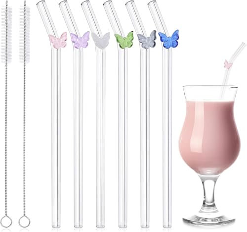Lot de 6 Pailles en Verre Réutilisables, Incurvées Avec Brosses de Nettoyage pour Jus, Pailles en Verre Réutilisables, Avec Papillons Colorées pour Pailles à Cocktail (6 Papillons)