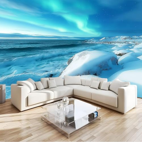 Fototapete 3d Effekt Wallpaper Fotografie Nordlichter Felsen Vlies Wanddeko Wandbild Tapete Blaugrün 3D Panorama Poster Schlafzimmer Wohnzimmer Kinderzimmer Wandbild 400 x 280 cm