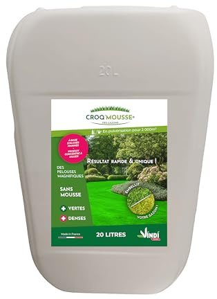 VINDI JARDIN - CROQ'MOUSSE des gazons – Engrais liquide organo-minéral 3 en 1 – Pelouse « sans mousse/+verte/+dense » - bidon 20L – Traitement pour 2000m2 – Fabrication Française.