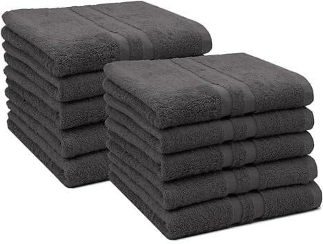 ZOLLNER 10er Set Handtücher in 50x100 cm - Flauschige Duschtücher aus Baumwolle - mit moderner Streifenbordüre - bis 60°C waschbar - mit praktischem Aufhänger - in Graphit - Hotelqualität