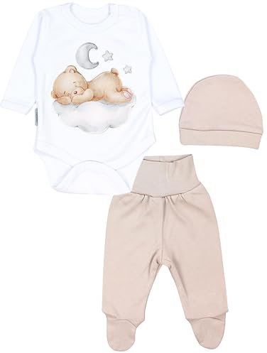 TupTam Baby Mädchen Jungen Bekleidungsset Langarmbody Hose Mütze mit Aufdruck Spruch 3 teilig, Farbe: Bärchen auf der Wolke Weiß Beige, Größe: 50
