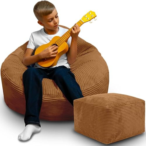 DreamRoots Sitzsack Erwachsene Cord oder Kinder - Bean Bag Sofa - Sitzsack Cord mit Hocker und Bezug - Sitzsäcke mit Füllung 70x70x70 cm Sugar Cookie