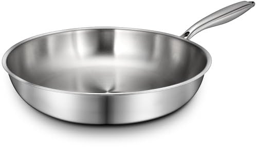 12 Inch Tri-Ply Stainless Steel Frying Pan, Skillet, Induction Cooking Pan, Dishwasher and Oven Safe, Fast & Even Heat, Heavy Duty and Detachable Handle