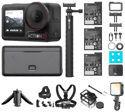 DJI Osmo Action 5 Pro Adventure Combo Mehrere Zubehörteile Bundle, Action Cam 4K mit 1/1.3 Sensor, 12 Std. verlängerte Akkulaufzeit mit 3 Akkus, Zwei OLED Touchscreens, Unterwasserkamera
