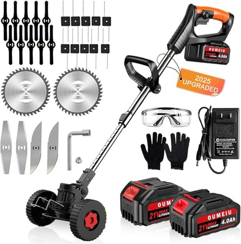 Akku Rasentrimmer mit Akku und Ladegerät, 3-in-1 Elektrischer Akku Motorsense & Rasentrimmer Rasen mit 2X 4.0Ah Akku & Metall Messer, Verstellbarer, Akku Freischneider für Rasenschneiden Garten, Hof