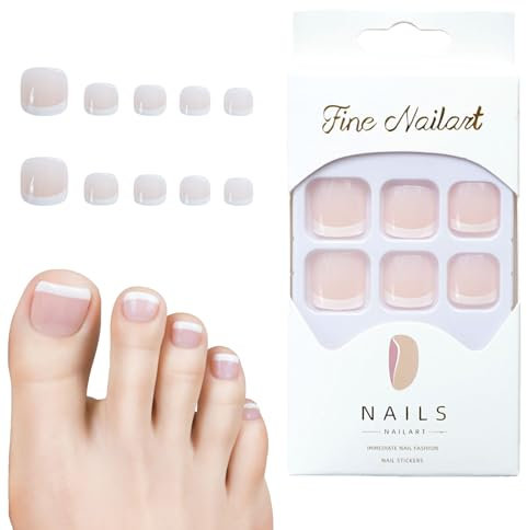 False Toenails 24pcs, Fake Toe Nails French Tip, Short Square Toe Nails in 12 Sizes, Stick on Toenails Nude Pink, Short False Nails with Glue