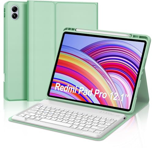 Coque Clavier pour Redmi Pad Pro/Xiaomi Poco Pad 12.1 Pouces, AZERTY Français Housse Clavier Bluetooth Magnétique Détachable avec Porte Crayon pour Redmi Pad Pro/Xiaomi Poco Pad 12.1 2024, Vert Clair
