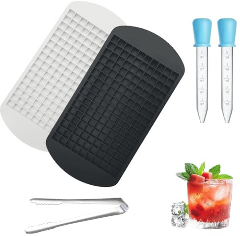 2 Pcs Mini Ice Cube Trays,Ice Cube Small Ice Cube Tray Silicone Ice Cube Tray 160 Small Square Grids with 2 Blue Droppers and 1 Clamp Use for Freezer Coffee Cocktails Drinks (Black,White,Food-Grade)