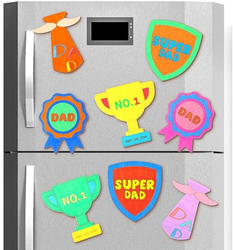Kingdder 8 Pcs Father's Day Wood Fridge Magnet Craft Kits Fun DIY Wooden Art Painting Fridge Magnet for Dad Gift Family Party Home Decor