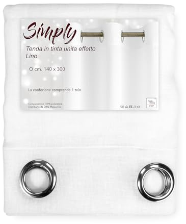 Tenda Simply Effetto Lino 140x300 cm Bianco - Tinta Unita Semitrasparente - Poliestere con Anelli - Stile Moderno