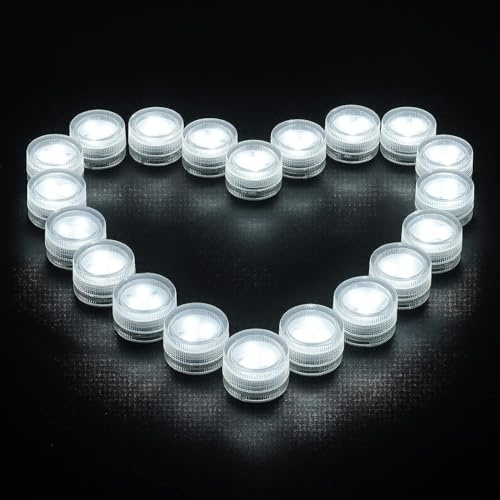 Miyawell 20 Pack Mini Waterproof Submersible LED Tea Lights, Flameless Battery-Operated Small Candles for Christmas Halloween Decor,Pools, Vases, Weddings,Pure White(Remote not Included)