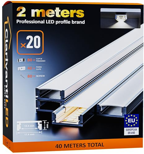 ClarivantiLED LED Profil 2m×20 Aluminium U-Form mit Milchig Weißer Abdeckung Kanal mit Diffusor,Alu Profil LED Streifen Schiene kanalleiste Aluprofil Streifen Profile,lichtkanal led strip aluschiene