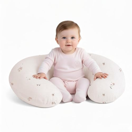 Little Grape Land Nursing Pillow & Feeding Pillow for Mum & Baby, Neutral Floral Muslin Cover, Removable Machine-Washable, for Breastfeeding, Bottle Feeding, Tummy Time & Infant Support
