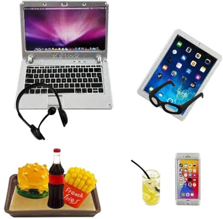 Qwrqwr Miniatur Laptop und Smartphone als Wichtel Zubehör für Barbie Möbel 1:12 Metall Simulation für Puppenhaus Lernen Barbie Zubehör und Elf on The Shelf Weihnachtsdeko