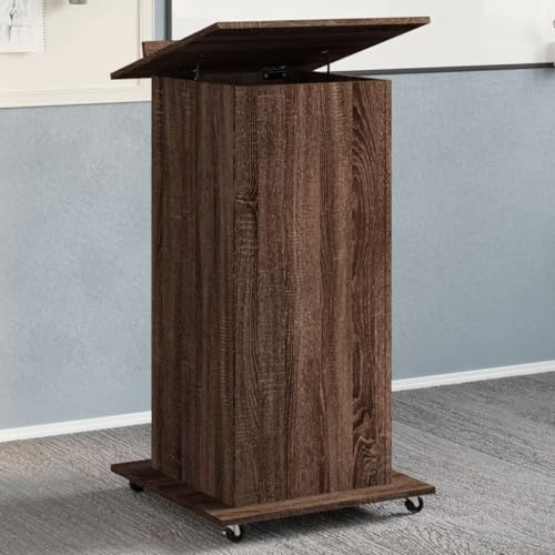 IBUQDDV Rednerpult mit Rollen und Schublade in Braun Eiche-Optik 55x55x107cm, neigbare Oberplatte mit Umrandung für Präsentationen, 1 Schublade und 2 Fächer für Stauraum, stabile