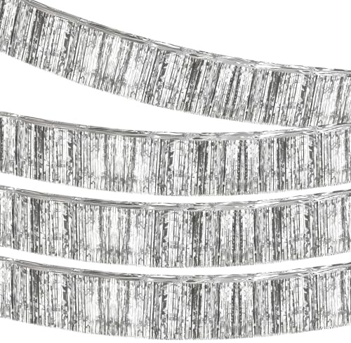 HNCY Lametta Fransen Girlande, 30×300cm Lametta Girlande Silber | Glänzende Quasten Foil Fringe Garland, Metallic Foil Lamettas Vorhang für Hochzeit Geburtstag Party Abschlussfeier