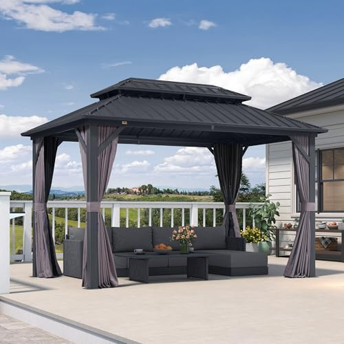 PURPLE LEAF Tonnelle de Jardin Exterieur Aluminium 3,65 x 2,4 m, Pergola Jardin Exterieur à Double Toit Rigide en Acier Galvanisé, Pavillon avec Rideaux et Moustiquaire pour Terrasse, Barbecue, Gris