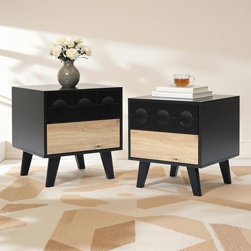 Hometopia 2er Set Moderner Nachttisch aus Bambus, Nachtschrank mit Schublade & offenem Fach, Bedside Table & Nachtkästchen, schmaler Beistelltisch für Schlafzimmer Wohnzimmer, 30 × 40 × 50 cm