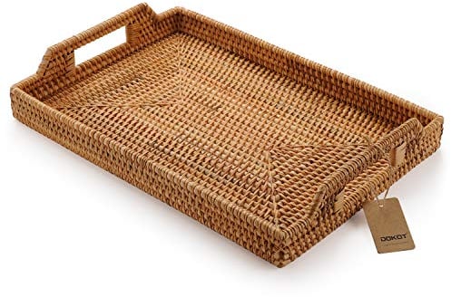 Bandeja Rectangular de Ratán Tejida a Mano para Servir Comida y Bebidas Decorativa con Asas 43x29x4.5cm Natural