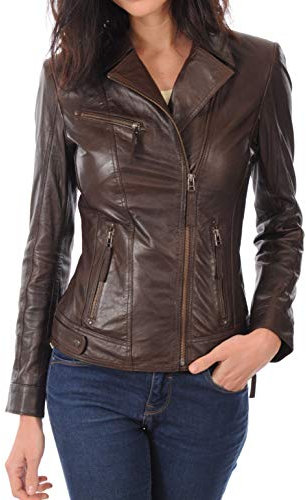 LEATHER FARM Damen Lammfell Leder Bomber Biker Jacke - Braun - Small