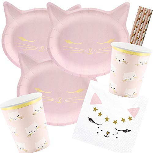 partydeco/spielum 38-teiliges Party-Set Katze - Kätzchen - Teller Becher Servietten Trinkhalme für 6 Kinder