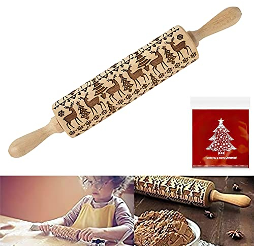 Kungfu Mall Christmas Embossed Rolling Pin Wooden Embossed Rolling Pin and Biscuit Bags for Baking Christmas Theme Pastries & Cookies