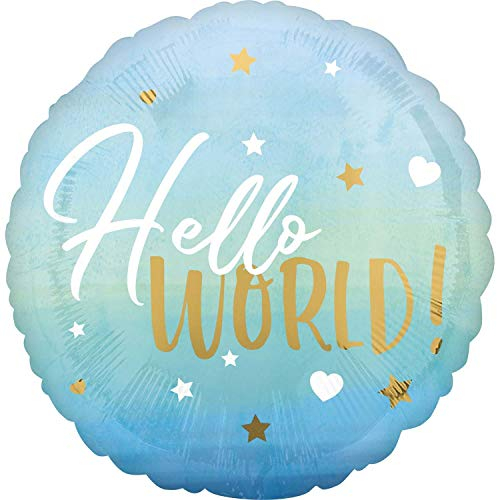 Amscan 3973001 - Standard Folienballon Blue Baby Boy, Durchmesser circa 43 cm, Hello World, Junge, für Helium und Luft, Baby Party