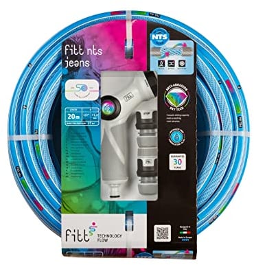 FITT NTS JEANS 1/2 (12,5 mm) 20 m Kit– Tuyau d'arrosage de jardin pour une utilisation intensive, avec pistolet multi-jet et raccords
