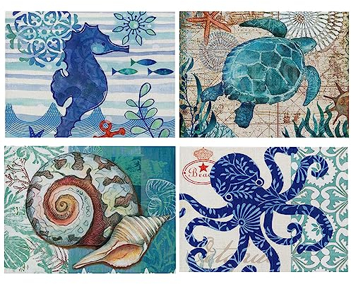 HOSTECCO - Set di 4 tovagliette all'americana, motivo: animali dell'oceano, con tartaruga, per tavolo da pranzo