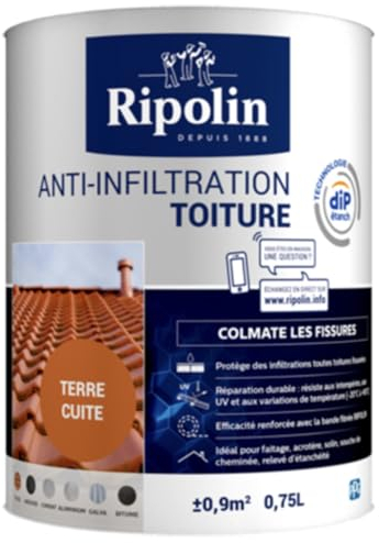 RIPOLIN - Etancheite Anti-infiltration Toiture Extérieur - Colmate les Fissures - Resistance a la Fissuration - Etanche - Résistante aux Intempéries et Rayonnement UV - 0,75L - Terre Cuite