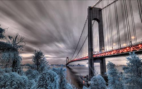Haeran River Vollbohrer New York Fort Wadsworth Winter Schnee Stadtbild New York Usa Staten Island DIY 5D Diamant Malen Nach Zahlen Einzigartige Kits Wohnwand Dekor Kristall Strass Wanddekor