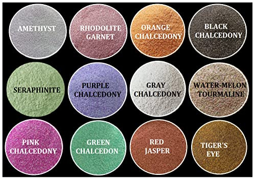Lot de 12 poudres écrasées de pierres précieuses naturelles pures et fines, idéales pour la fabrication de bijoux, l'art en résine et bien plus encore – 60 g/300 carats