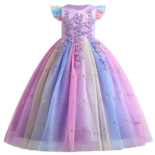 Filles brodées princesse Pageant robes de bal manches volantes Sequin robe de soirée de mariage demoiselle d'honneur fleur fille soirée formelle Tulle robes d'arc Arc-en-ciel violet 11-12 Ans