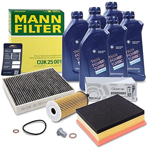 BESTPRICE Inspektionspaket Filterset mit 1x Ölfilter; 6x Motoröl 5W-30 BMW TWIN POWER TURBO 1 l; 1x Innenraumfilter; 1x Luftfilter; 1x Ölablassschraube mit Dichtring; 1x Ölwechselanhänger