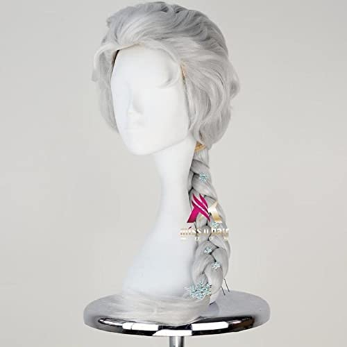ydound Anime Coser Wig Halloween Snow Queen Frozen Women Queen Elsa Blonde Wig with Snowflakes Princess Anna Roll Braid Wig Elsa Costumes One Size Silver