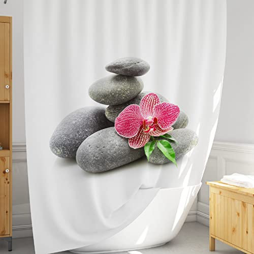 Rideau de douche zen 180x200 tissu lavable | superbe décor ensemble de de salle de bain avec crochets | Rideau de douche spa concept pierres de zen et fleur d'orchidée | Rideau baignoire blanc large