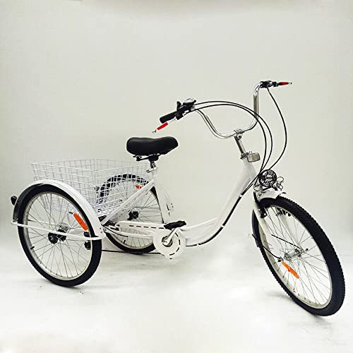 Dreirad Erwachsene, 24 Zoll 3 Rad Fahrrad für Erwachsene, Shimano 6 Gang Cruise Trike Cargo Bike mit Korb, Radsport Fahrrad für Outdoor Sport Einkaufen (Weiß)