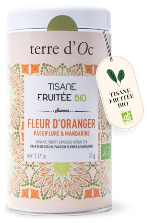 Terre d'Oc - Tisane Fruitée Bio - Fleur d'Oranger - Glacée ou Chaude - 70g | Sans Théine - Saveur Fruitée et Acidulée - Passiflore - Boite Métal - Vrac - Alternative aux Sodas - Idée Cadeau