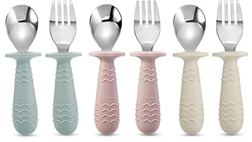 PandaEar 6 Pièces de Couverts pour Bébé en Silicone et Acier Inoxydable, Cuillères et Fourchettes pour Bébé et Tout-Petits sans BPA avec Design Anti-Étouffement en Silicone (Bleu Rose Beige)
