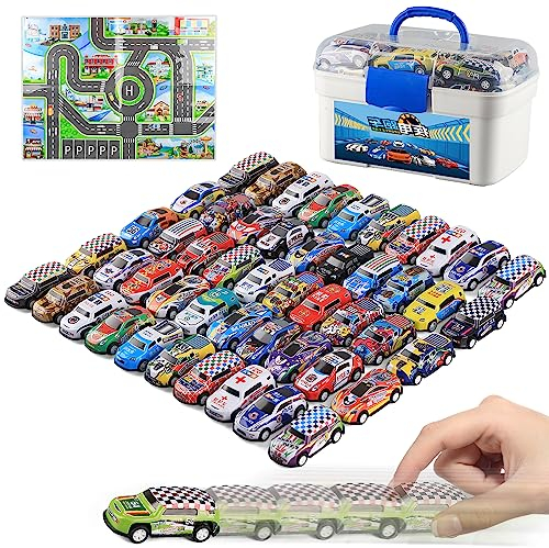 Mostop 50 Metall Kleine Mini Auto, Reibung angetriebenes Rennwagen-Fahrzeug-Set City Rescue Car SpielzeugMit 1 Aufbewahrungsbox für Kleinkinder Jungen und Mädchen Jungen Spielzeug