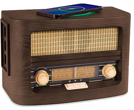 Fuse Vint Vintage Retro Radio | Almohadilla de carga inalámbrica | Altavoz de radio AM/FM con entrada Bluetooth y AUX | Estilo moderno de mediados de siglo | Exterior de madera de fresno hecho a mano