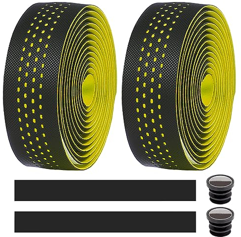 MOCNT 2 Rouleaux Ruban de Guidon de Vélo Guidoline Vélo Route Cuir Respirant EVA PU Antidérapant Absorbant Les Chocs Confort Bande Aadhésives avec Bouchon d'extrémité Jaune