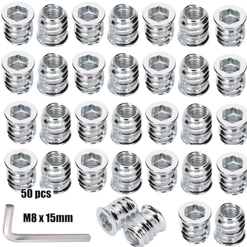 CRLYLC 50 dadi di avvitamento M8 x 15 mm, inserto filettato in legno, manicotti filettati, manicotto a vite in lega di zinco, dado a testa esagonale per mobili in legno