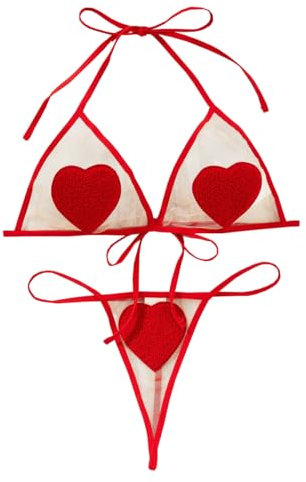 SNOMYRS Micro bikini extrême transparent minuscule bikini microkini sexy Saint-Valentin lingerie soutien-gorge et culotte deux pièces, Rouge, Taille Unique