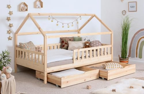 TiCAA Kinderbett Hausbett Montessori Kay 90x200, 100x200 cm, 120x200 cm, 140x200 für Jungen & Mädchen mit Schubladen, Rausfallschutz & Rolllattenrost - aus Kiefer Massivholz für Kinderzimmer