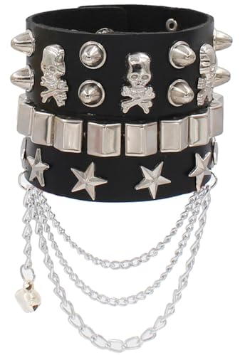 Fenglin-joy Punk Rock Armband, 2 Stück Punk Armband Nieten Gothic Punk Nietenarmband PU Lederarmband für Männer Frauen Größe einstellbar (Schwarz)
